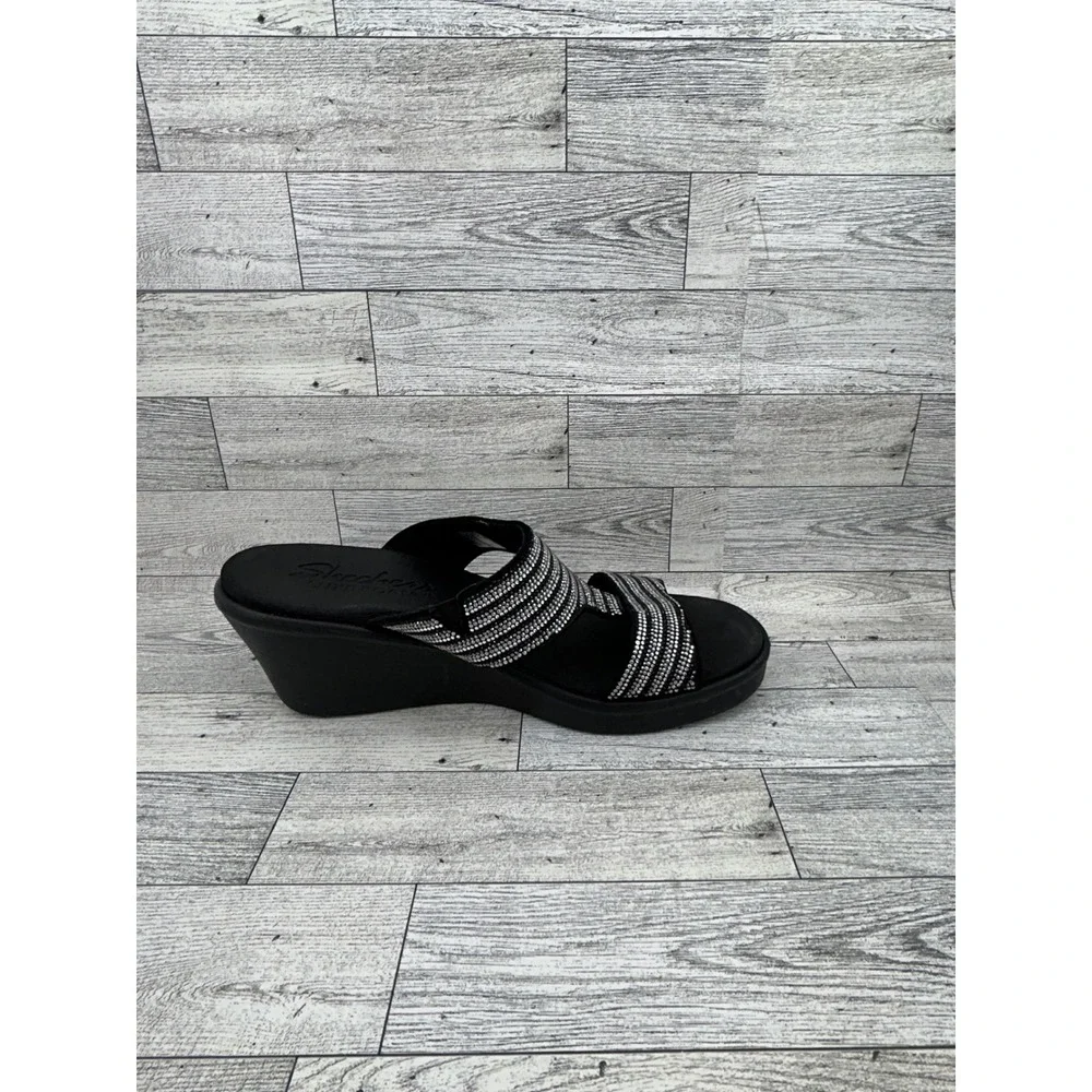 Skechers Luxe Foam Black Silver Rhinestone Wedge Sandals 119001 BKSL Women Sz 10